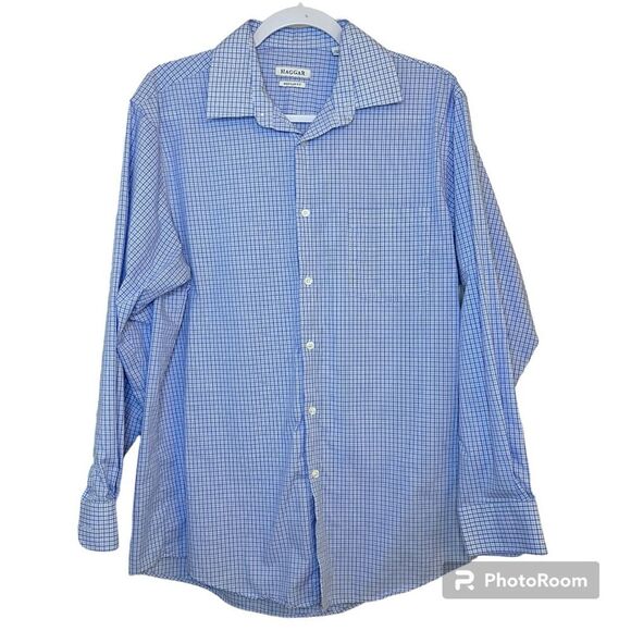 Haggar Men’s Regular Fit Blue Checkered Print Dress Shirt Size 15-15.5 - Picture 1 of 6